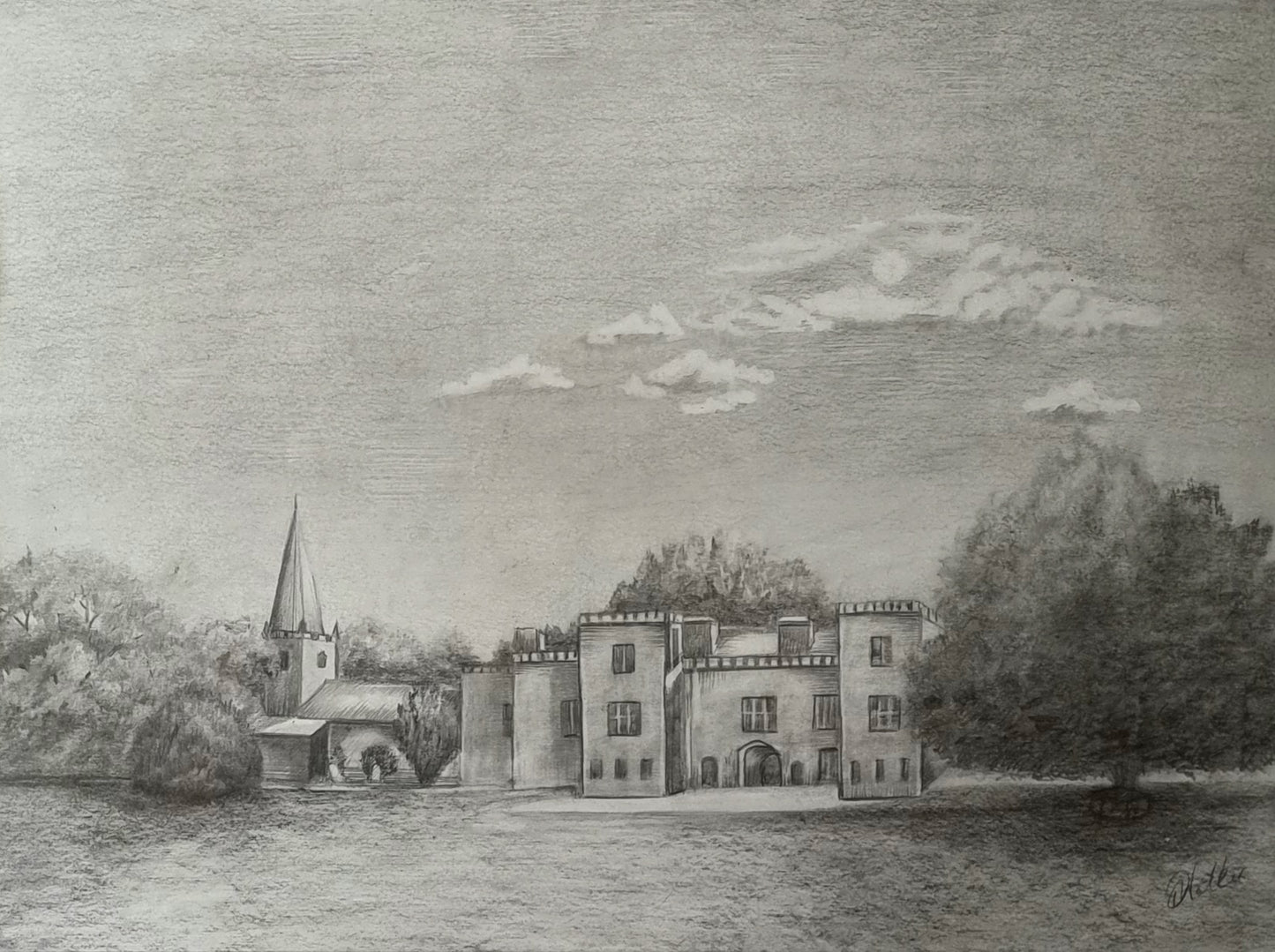 A3 Signed Sketch of Holme Pierrepont Hall. Nottinghamshire